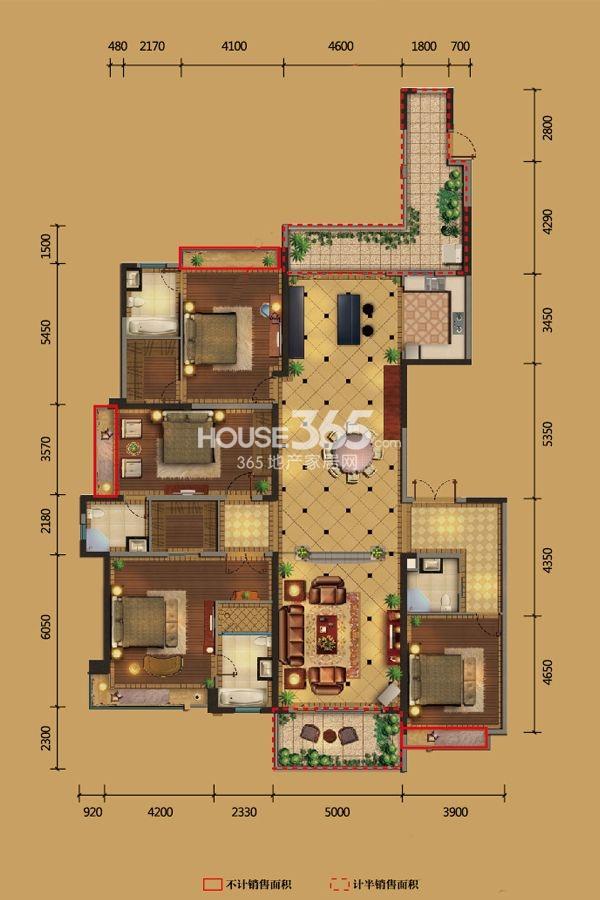 雅居乐御宾府一期高层标准层天阅142平户型3室2厅2卫1